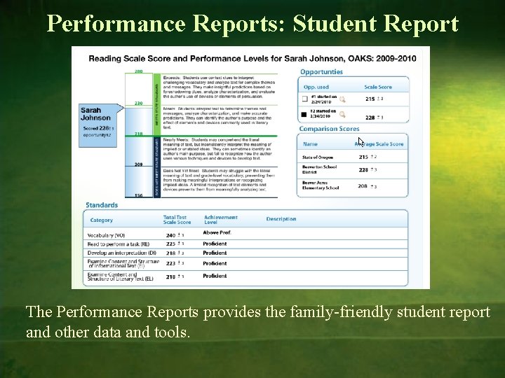 Performance Reports: Student Report The Performance Reports provides the family-friendly student report and other