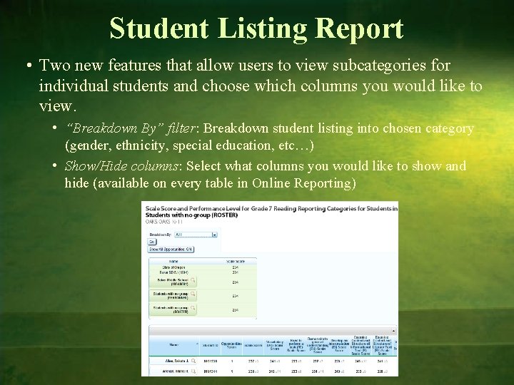 Student Listing Report • Two new features that allow users to view subcategories for