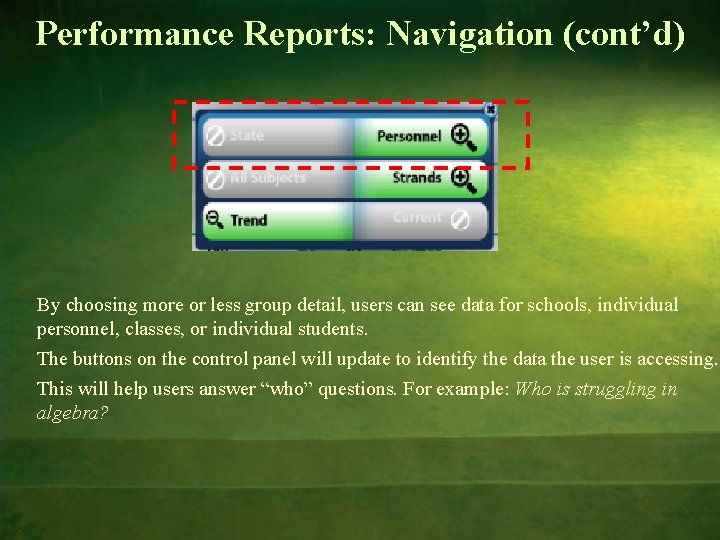 Performance Reports: Navigation (cont’d) By choosing more or less group detail, users can see