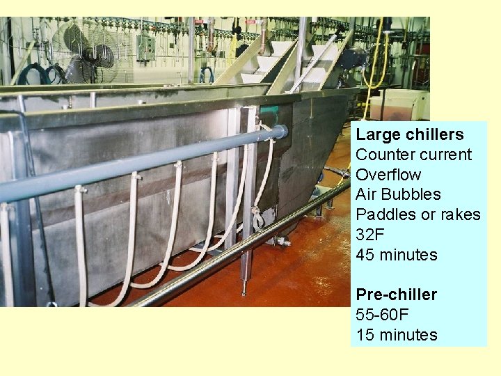 Large chillers Counter current Overflow Air Bubbles Paddles or rakes 32 F 45 minutes