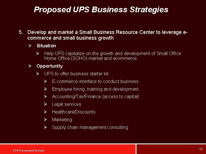 Proposed UPS Business Strategies 5. Develop and market a Small Business Resource Center to