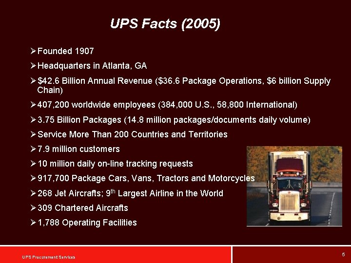 UPS Facts (2005) ØFounded 1907 ØHeadquarters in Atlanta, GA Ø$42. 6 Billion Annual Revenue