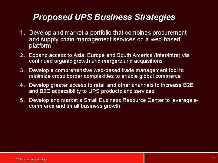 Proposed UPS Business Strategies 1. Develop and market a portfolio that combines procurement and