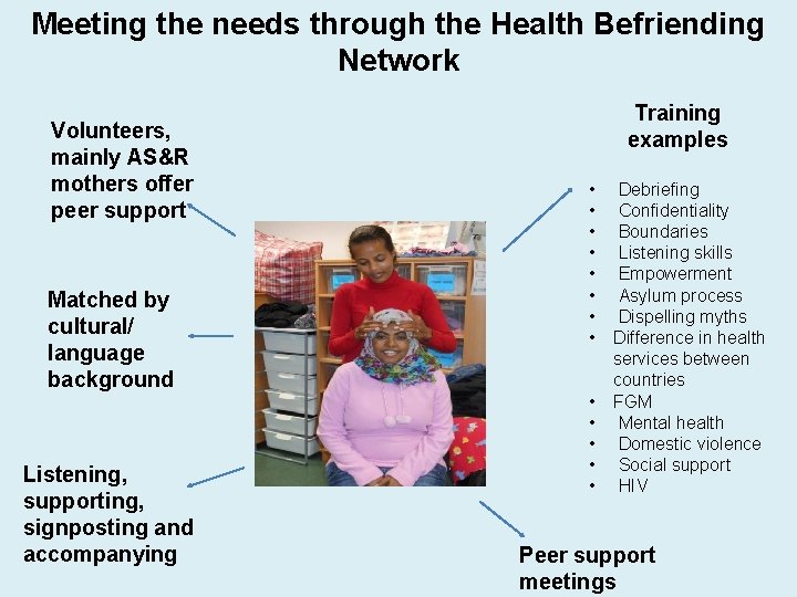 Meeting the needs through the Health Befriending Network Volunteers, mainly AS&R mothers offer peer