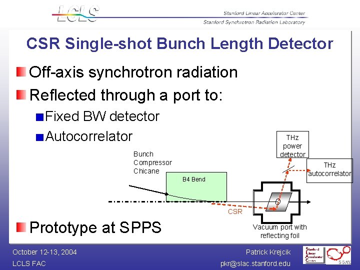 CSR Single-shot Bunch Length Detector Off-axis synchrotron radiation Reflected through a port to: Fixed