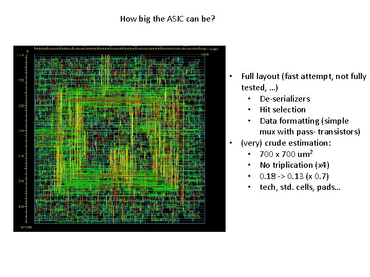 How big the ASIC can be? • Full layout (fast attempt, not fully tested,
