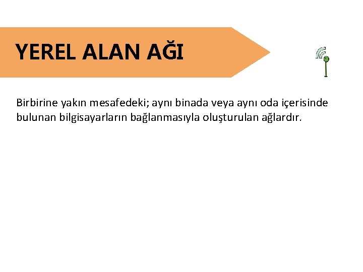 YEREL ALAN AĞI Birbirine yakın mesafedeki; aynı binada veya aynı oda içerisinde bulunan bilgisayarların
