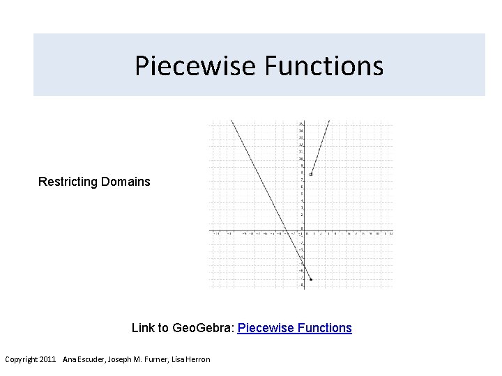 Piecewise Functions Restricting Domains Link to Geo. Gebra: Piecewise Functions Copyright 2011 Ana Escuder,