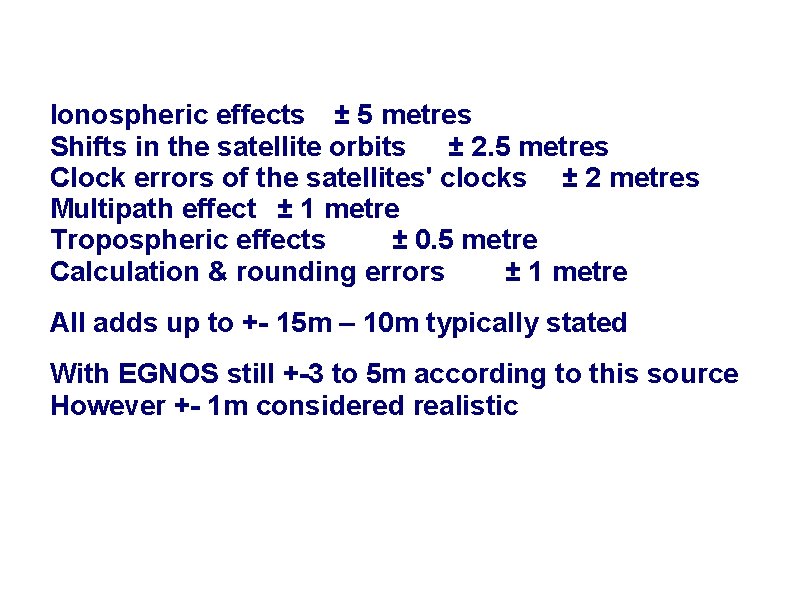 Ionospheric effects ± 5 metres Shifts in the satellite orbits ± 2. 5 metres