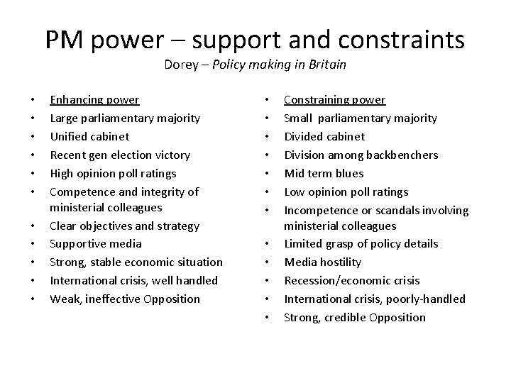 PM power – support and constraints Dorey – Policy making in Britain • •