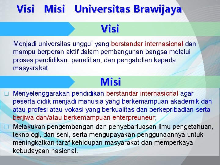 Visi Misi Universitas Brawijaya Visi Menjadi universitas unggul yang berstandar internasional dan mampu berperan