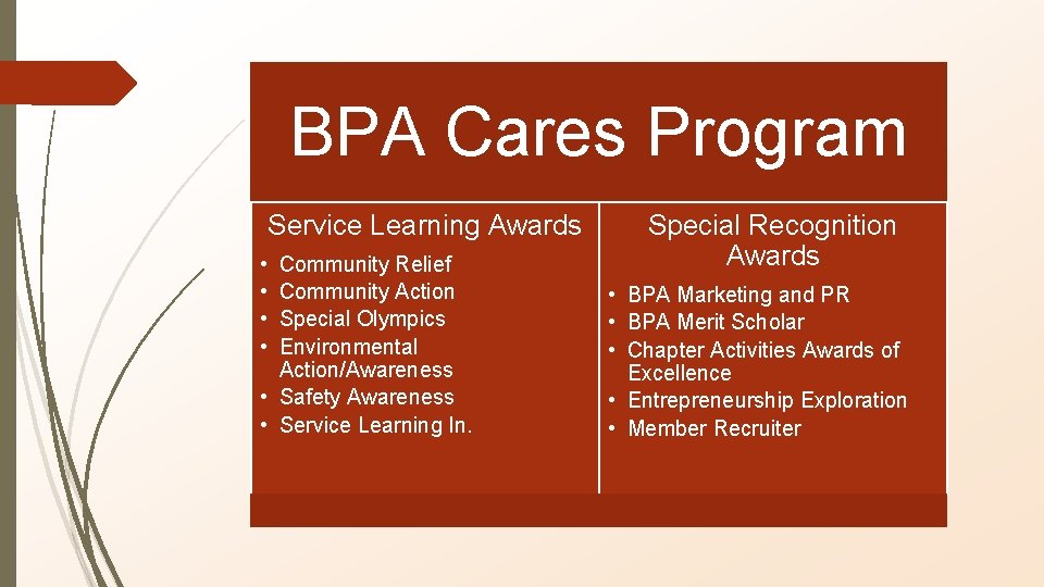 BPA Cares Program Service Learning Awards • • Community Relief Community Action Special Olympics