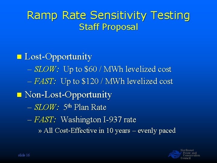 Ramp Rate Sensitivity Testing Staff Proposal n Lost-Opportunity – SLOW: Up to $60 /