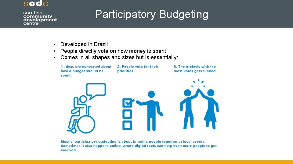 Participatory Budgeting • Developed in Brazil • People directly vote on how money is