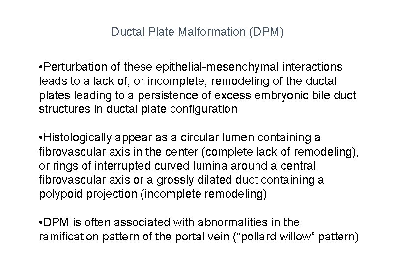 Ductal Plate Malformation (DPM) • Perturbation of these epithelial-mesenchymal interactions leads to a lack