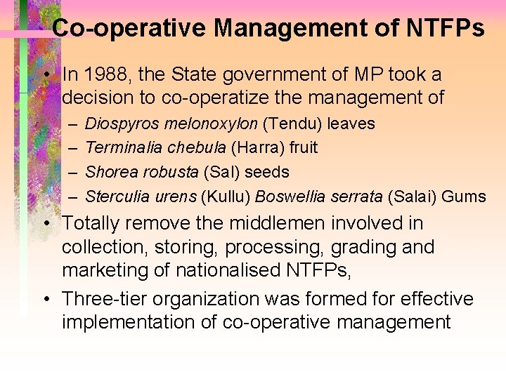 Co-operative Management of NTFPs • In 1988, the State government of MP took a