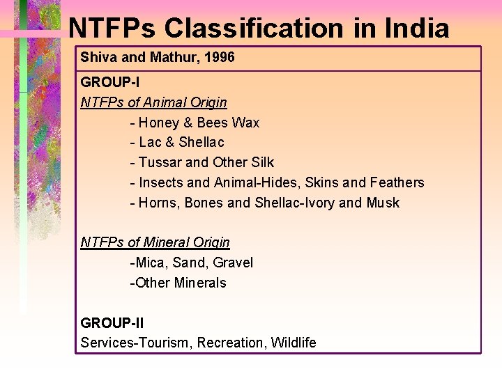 NTFPs Classification in India Shiva and Mathur, 1996 GROUP-I NTFPs of Animal Origin -