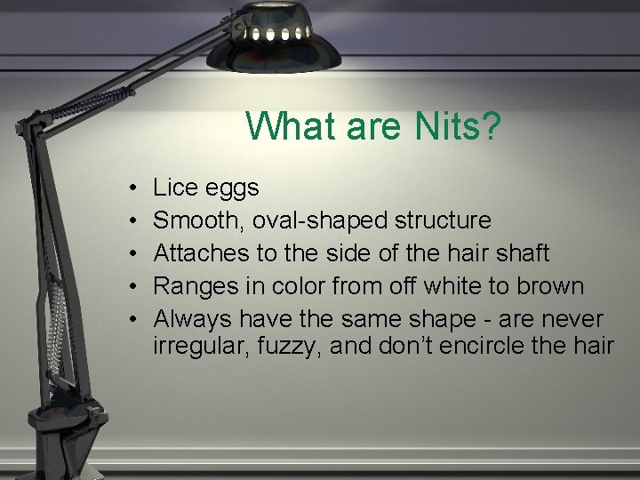 What are Nits? • • • Lice eggs Smooth, oval-shaped structure Attaches to the