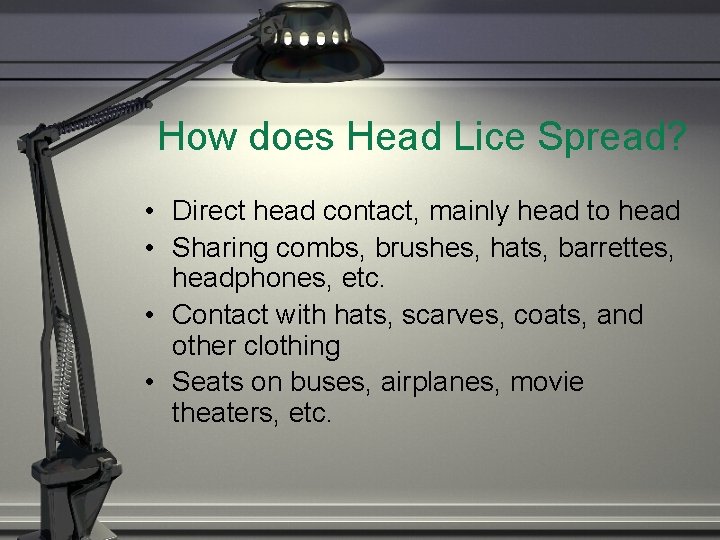 How does Head Lice Spread? • Direct head contact, mainly head to head •