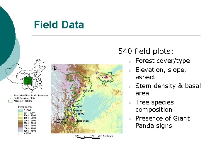 Field Data 540 field plots: Ø Ø Ø Forest cover/type Elevation, slope, aspect Stem