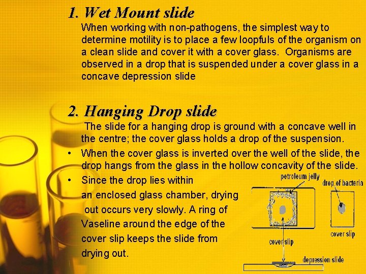 1. Wet Mount slide When working with non-pathogens, the simplest way to determine motility