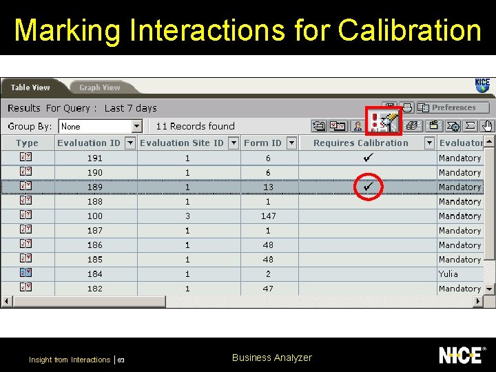 Marking Interactions for Calibration Insight from Interactions 63 Business Analyzer 