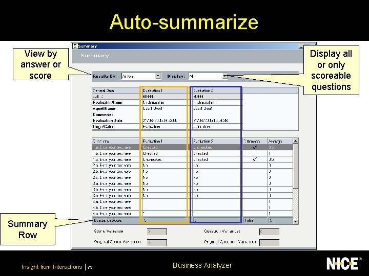 Auto-summarize View by answer or score Display all or only scoreable questions Summary Row