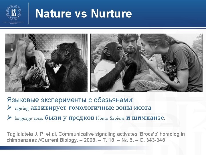 Nature vs Nurture Языковые эксперименты с обезьянами: Ø signing активирует гомологичные зоны мозга, Ø Nature vs Nurture Языковые эксперименты с обезьянами: Ø signing активирует гомологичные зоны мозга, Ø