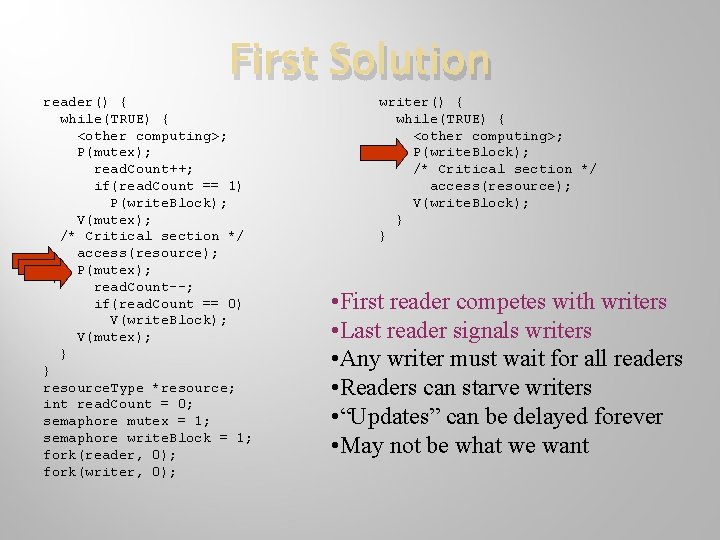 First Solution reader() { while(TRUE) { <other computing>; P(mutex); read. Count++; if(read. Count ==