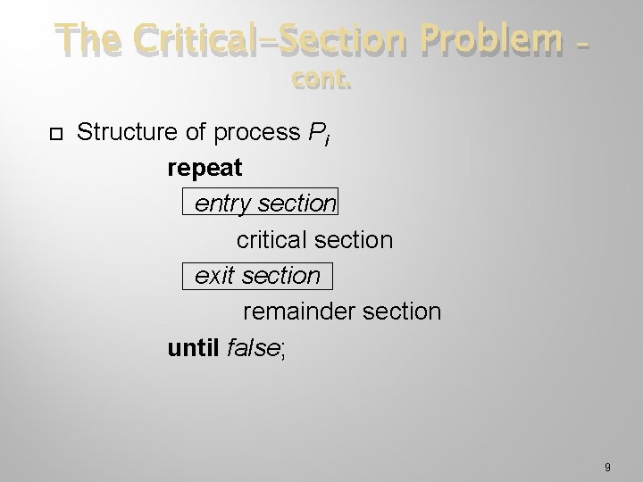 The Critical-Section Problem cont. – Structure of process Pi repeat entry section critical section