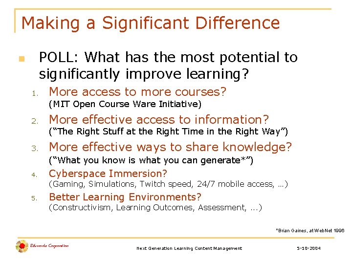 Making a Significant Difference POLL: What has the most potential to significantly improve learning?