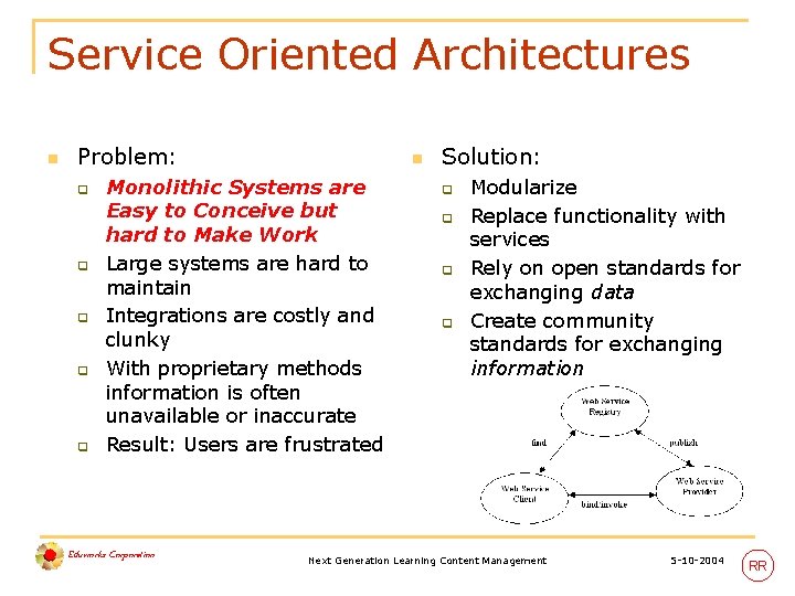 Service Oriented Architectures n Problem: q q q n Monolithic Systems are Easy to
