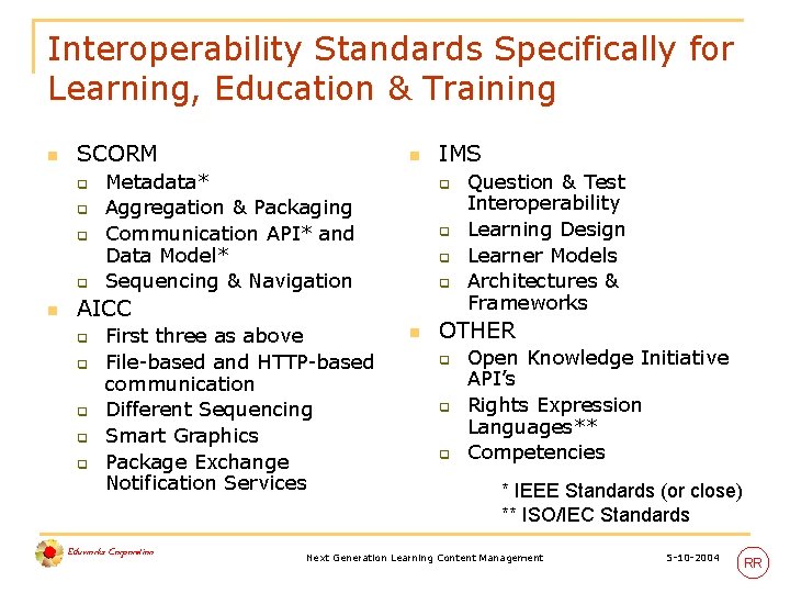 Interoperability Standards Specifically for Learning, Education & Training n SCORM q q n n