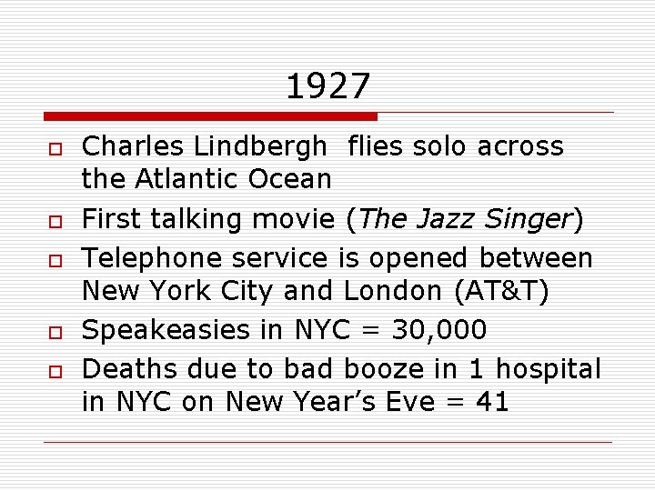 1927 o o o Charles Lindbergh flies solo across the Atlantic Ocean First talking