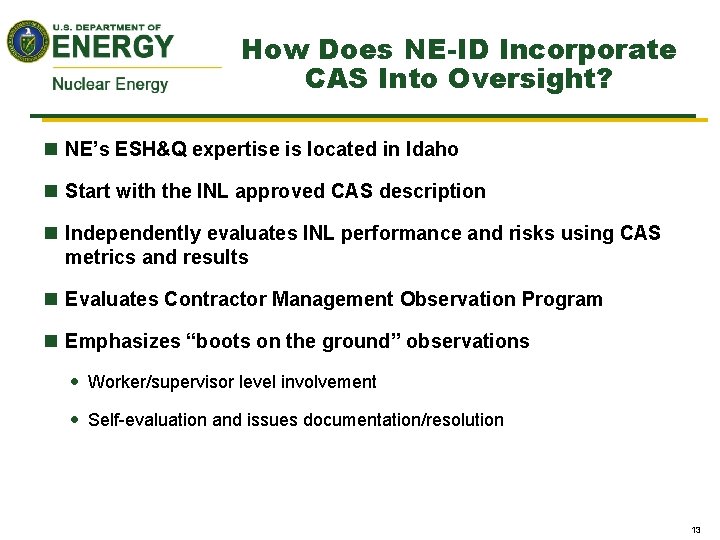 How Does NE-ID Incorporate CAS Into Oversight? n NE’s ESH&Q expertise is located in