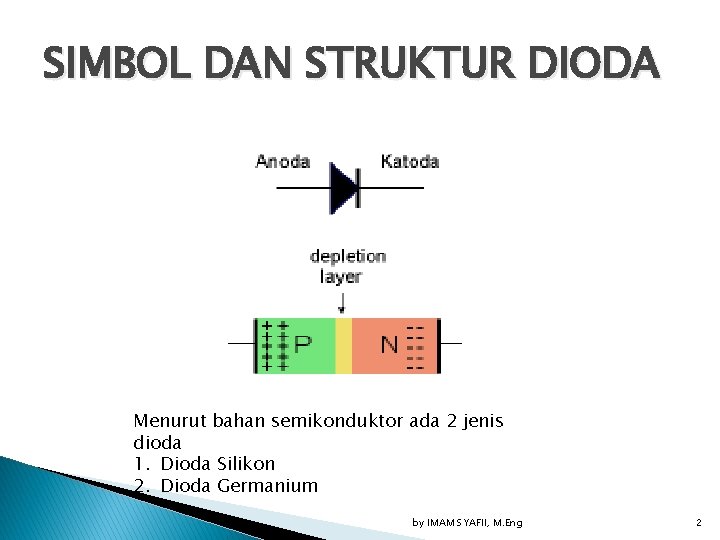 SIMBOL DAN STRUKTUR DIODA Menurut bahan semikonduktor ada 2 jenis dioda 1. Dioda Silikon