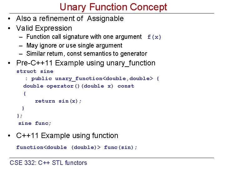 Unary Function Concept • Also a refinement of Assignable • Valid Expression – Function