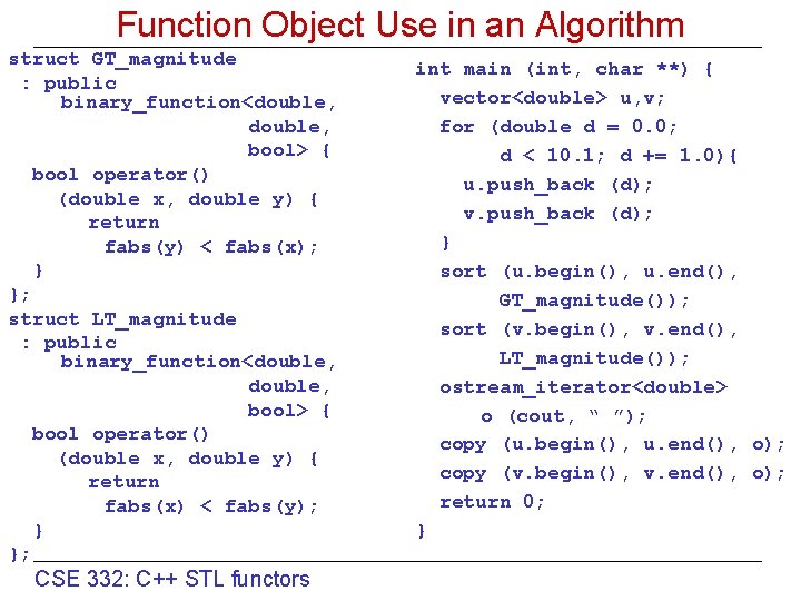 Function Object Use in an Algorithm struct GT_magnitude : public binary_function<double, bool> { bool