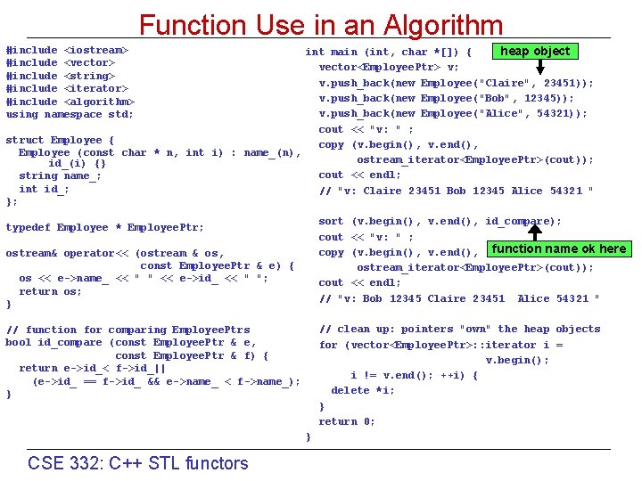 Function Use in an Algorithm int main (int, char *[]) { heap object vector<Employee.