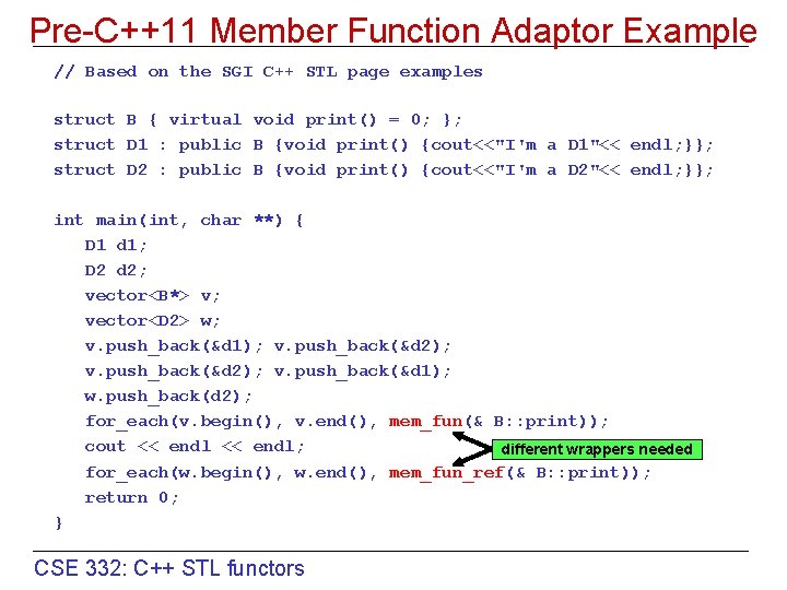 Pre-C++11 Member Function Adaptor Example // Based on the SGI C++ STL page examples