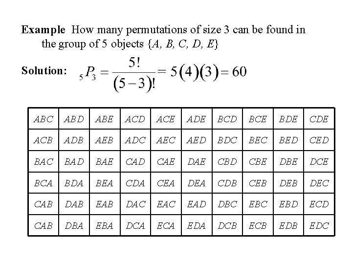Example How many permutations of size 3 can be found in the group of
