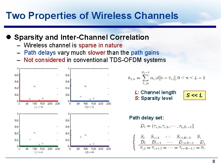 Two Properties of Wireless Channels l Sparsity and Inter-Channel Correlation – Wireless channel is