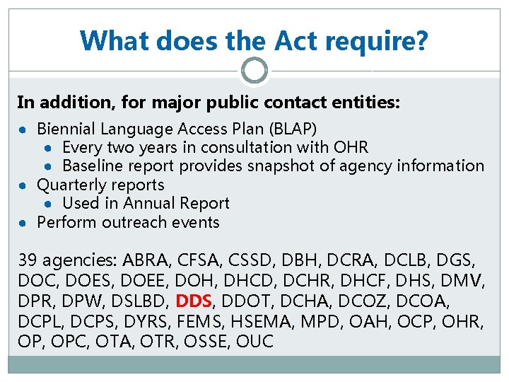 What does the Act require? In addition, for major public contact entities: ● Biennial