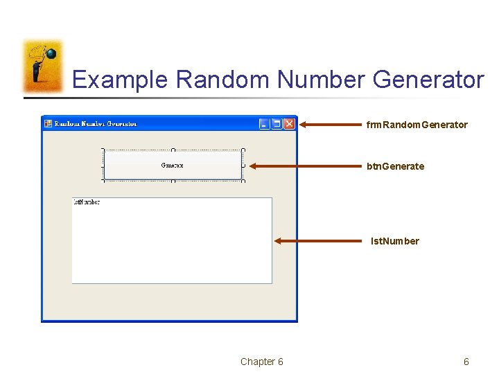 Example Random Number Generator frm. Random. Generator btn. Generate lst. Number Chapter 6 6