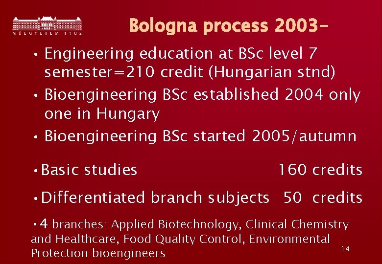 Bologna process 2003 • Engineering education at BSc level 7 semester=210 credit (Hungarian stnd)