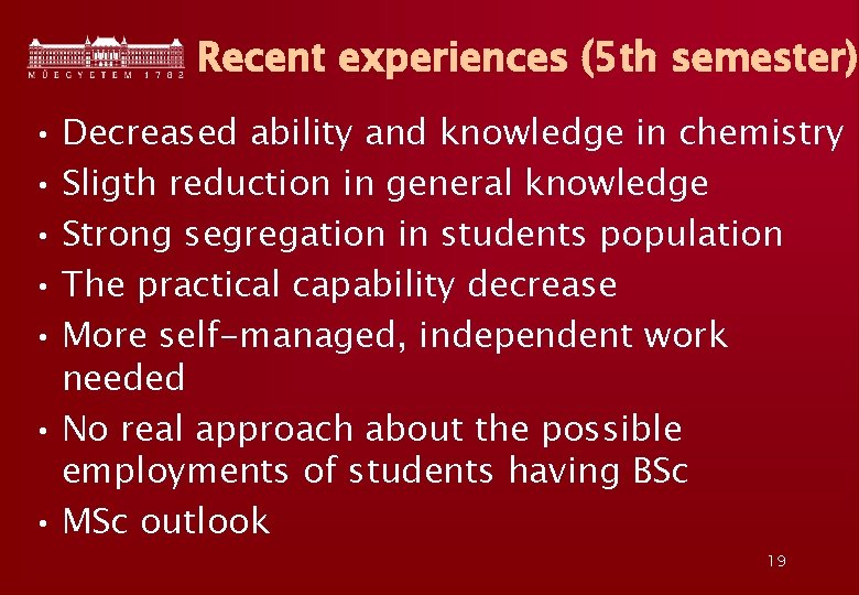 Recent experiences (5 th semester) • Decreased ability and knowledge in chemistry • Sligth