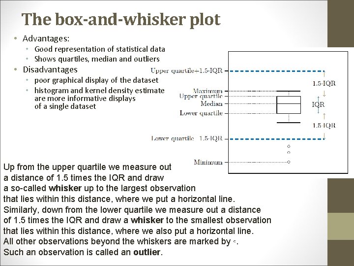 The box-and-whisker plot • Advantages: • Good representation of statistical data • Shows quartiles,