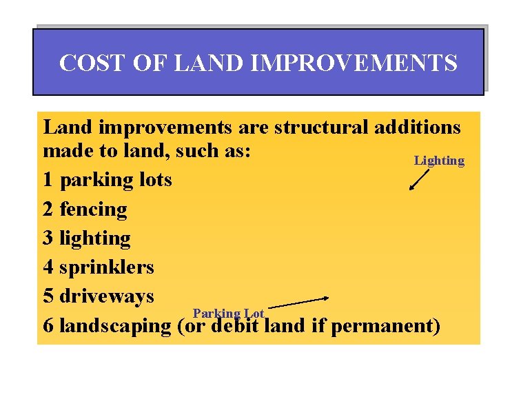 COST OF LAND IMPROVEMENTS Land improvements are structural additions made to land, such as: