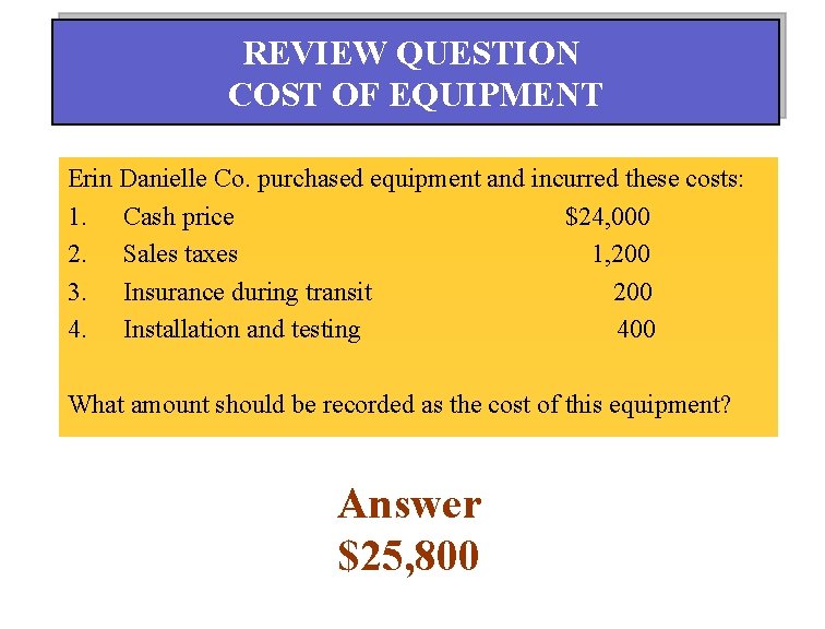 REVIEW QUESTION COST OF EQUIPMENT Erin Danielle Co. purchased equipment and incurred these costs: