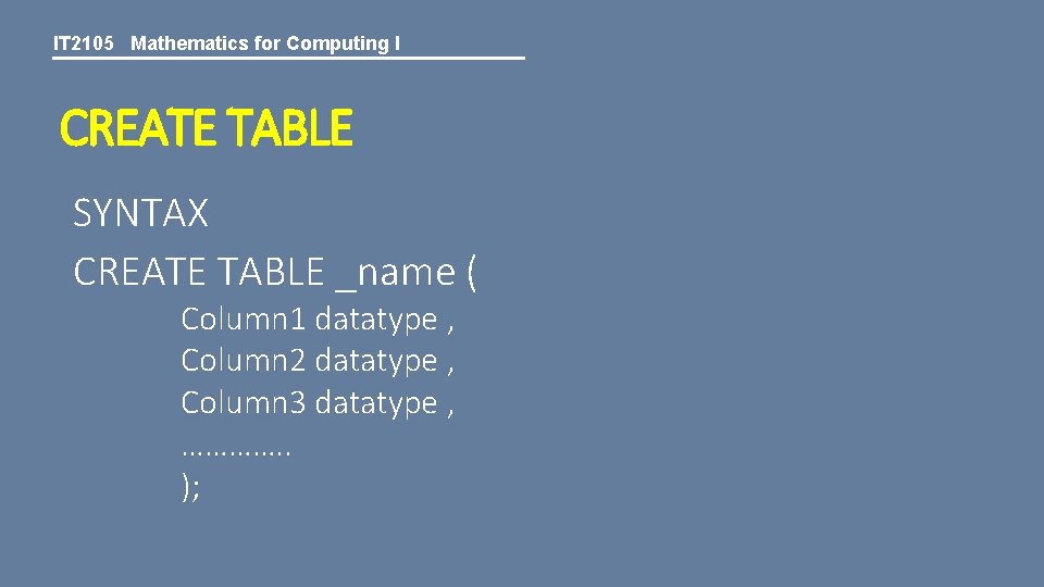 IT 2105 Mathematics for Computing I CREATE TABLE SYNTAX CREATE TABLE _name ( Column